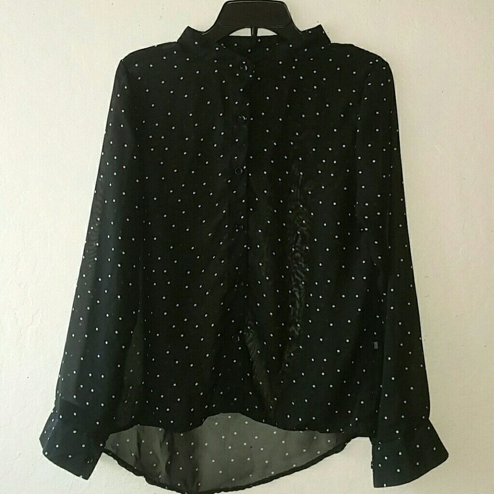 Black polka dot sheer blouse with collar